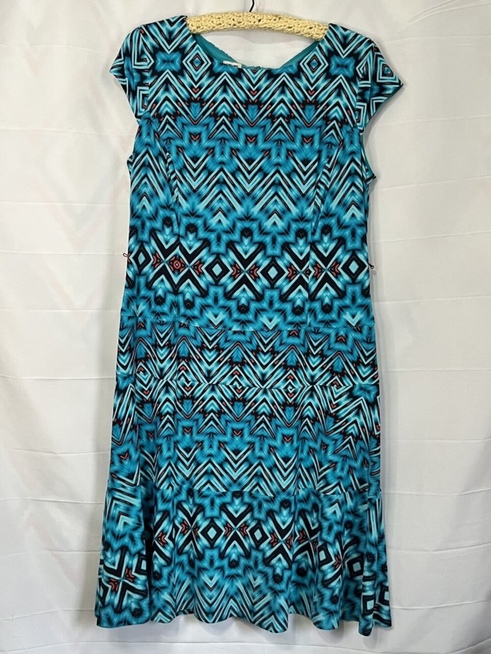 Anne Klein Fit And Flare Dress Teal Blue Black Geometric Sleeveless Lined Sz 14